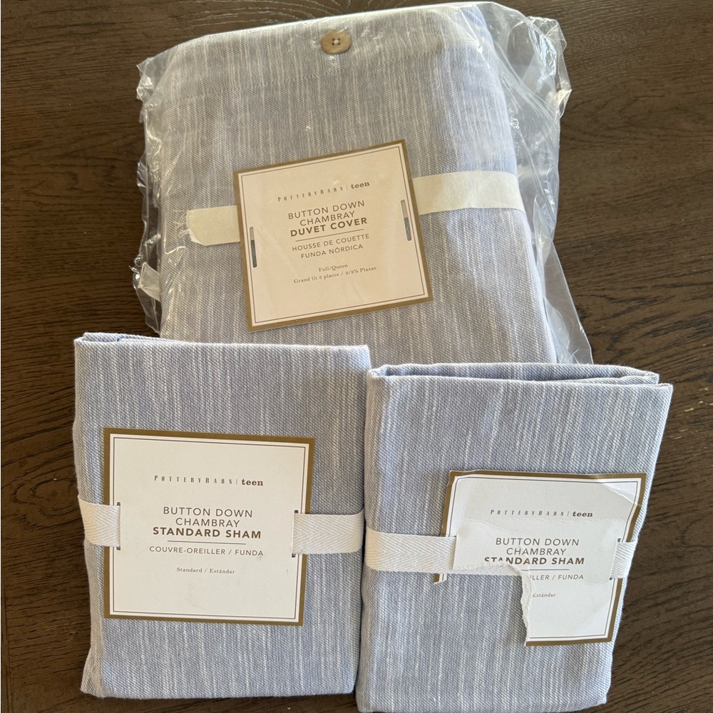 New Pottery Barn Teen Chambray Full Queen Duvet + 2 Shams